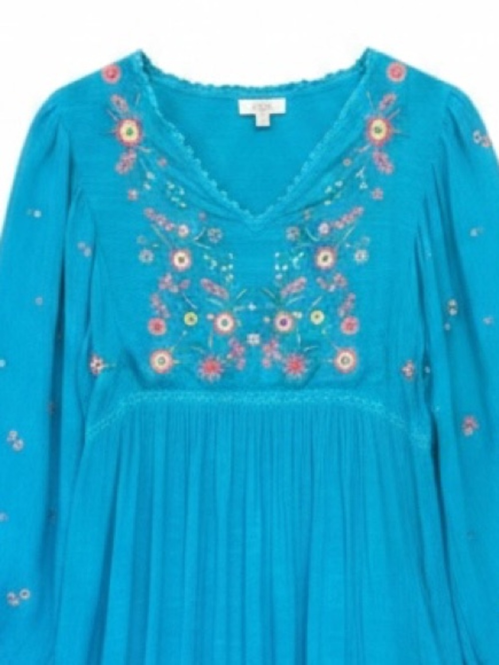 Umgee Floral Embroidered Long Balloon Sleeve Dress Turquoise Blue Large - Picture 4 of 7